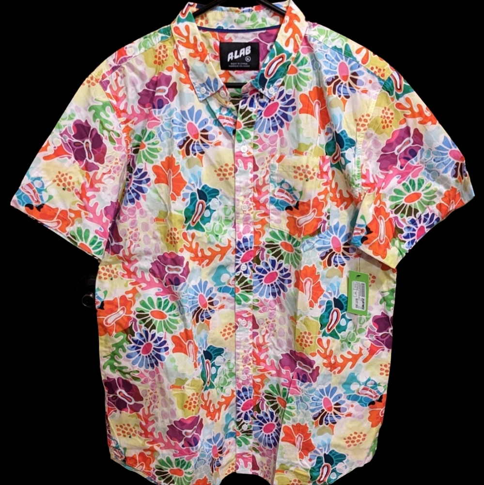 Men's XL A LAB floral/seeweedie  button down short sleeve shirt